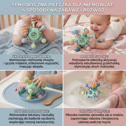 Sensoryczna piłeczka sensoryczna dla niemowląt z silikonowym gryzakiem i grzechotką