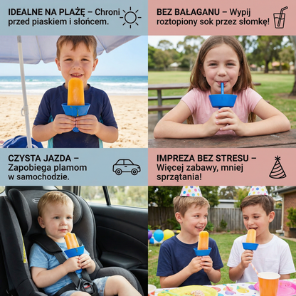 Zestaw 2 sztuk – Bezkapowy uchwyt na lody dla dzieci – Łapacz lodów bez bałaganu ze słomką