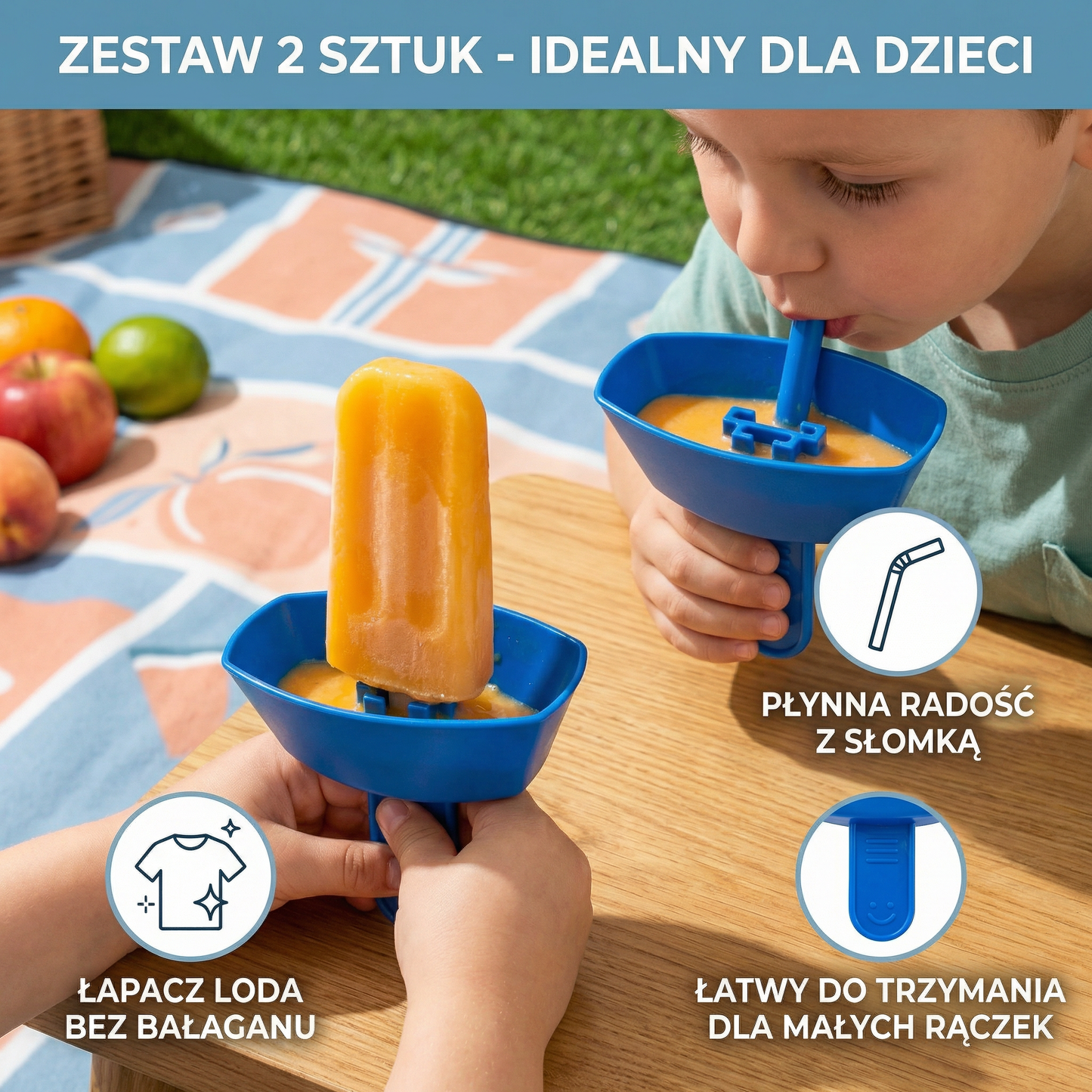 Zestaw 2 sztuk – Bezkapowy uchwyt na lody dla dzieci – Łapacz lodów bez bałaganu ze słomką