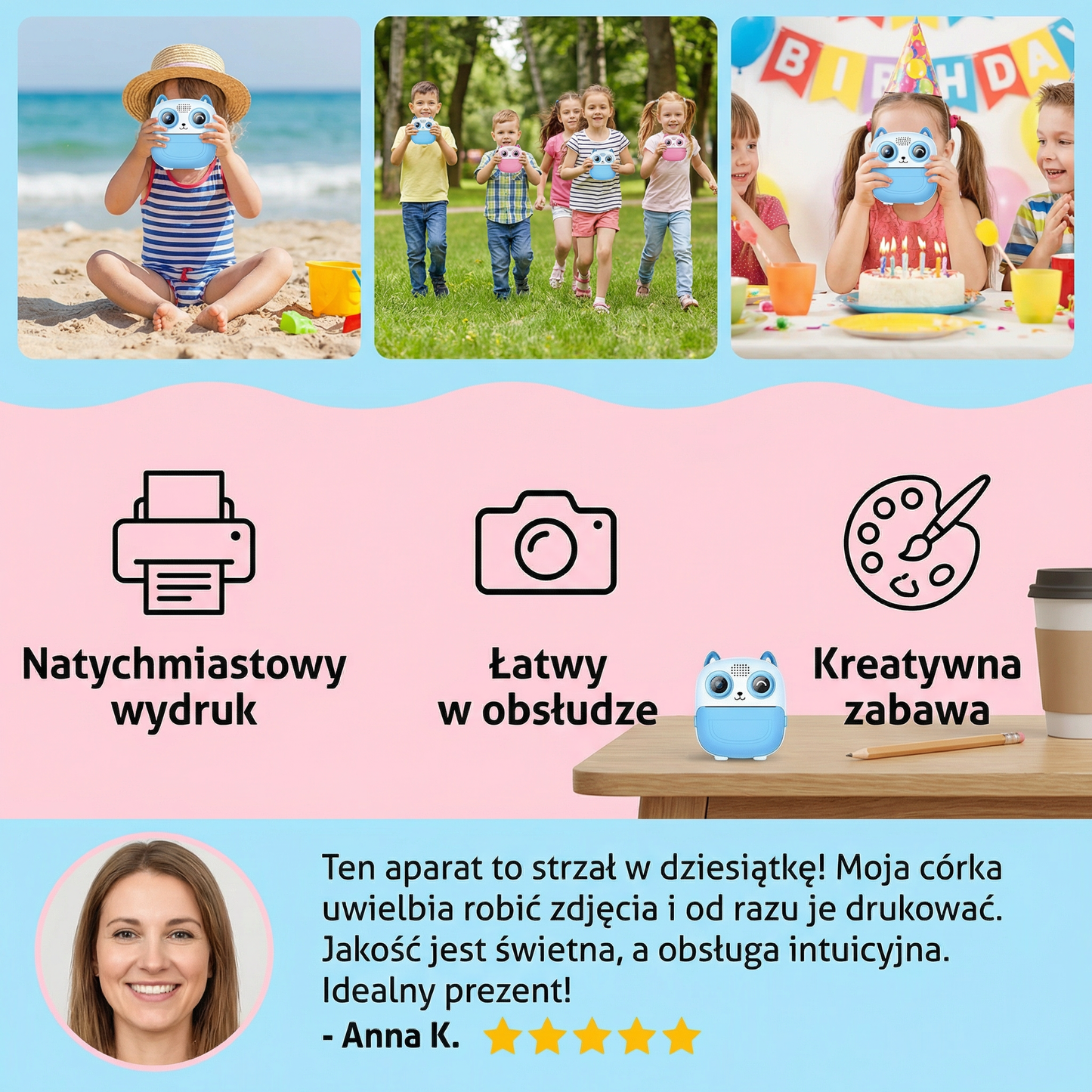 Aparat natychmiastowy dla dzieci – mini aparat cyfrowy z HD zdjęciami i wbudowaną drukarką
