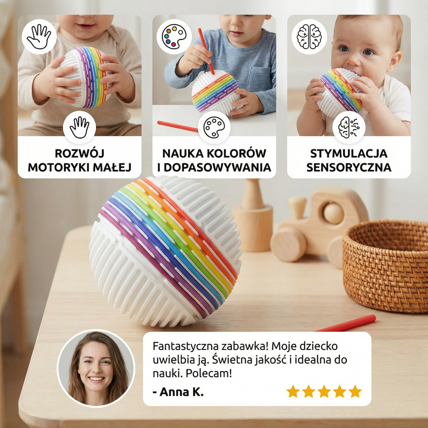 Piłka sensoryczna Montessori – silikonowa zabawka do nauki kolorów i rozwoju motoryki