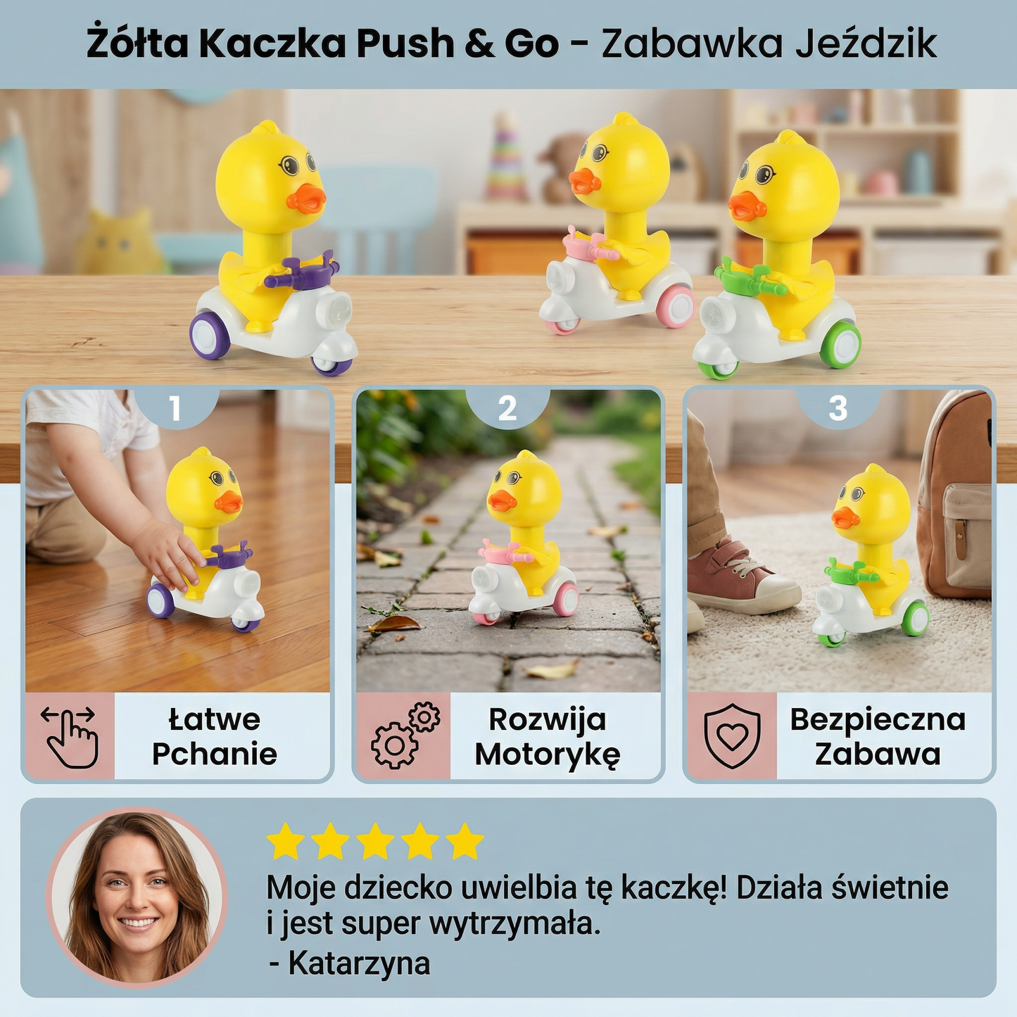 Żółta Kaczka Push & Go – Zabawka Jeździk dla Dzieci z Funkcją Naciśnij i Jedź