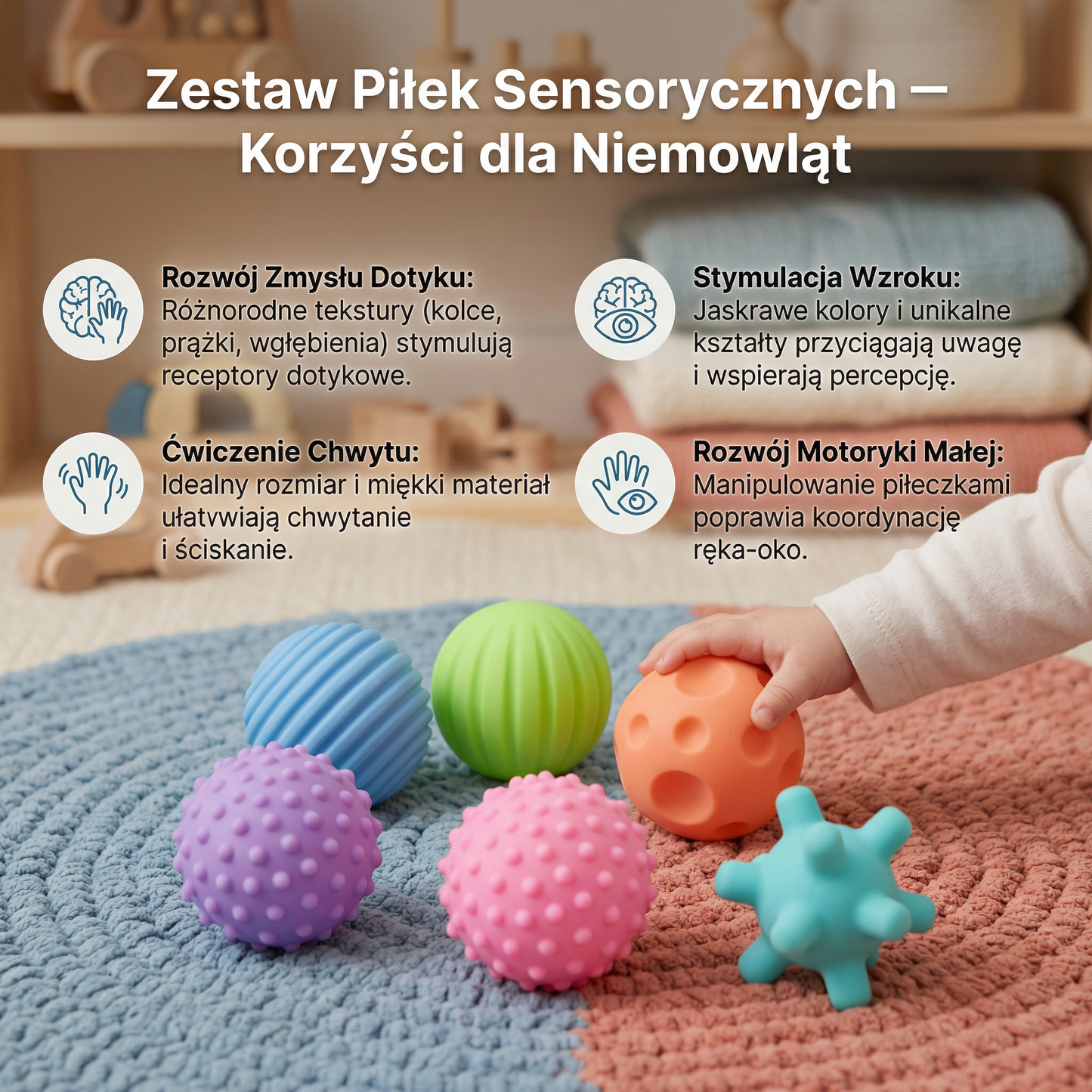 Zestaw Piłek Sensorycznych dla Niemowląt – Zabawka z Teksturą do Dotyku i Rozwoju Zmysłu Dotyku