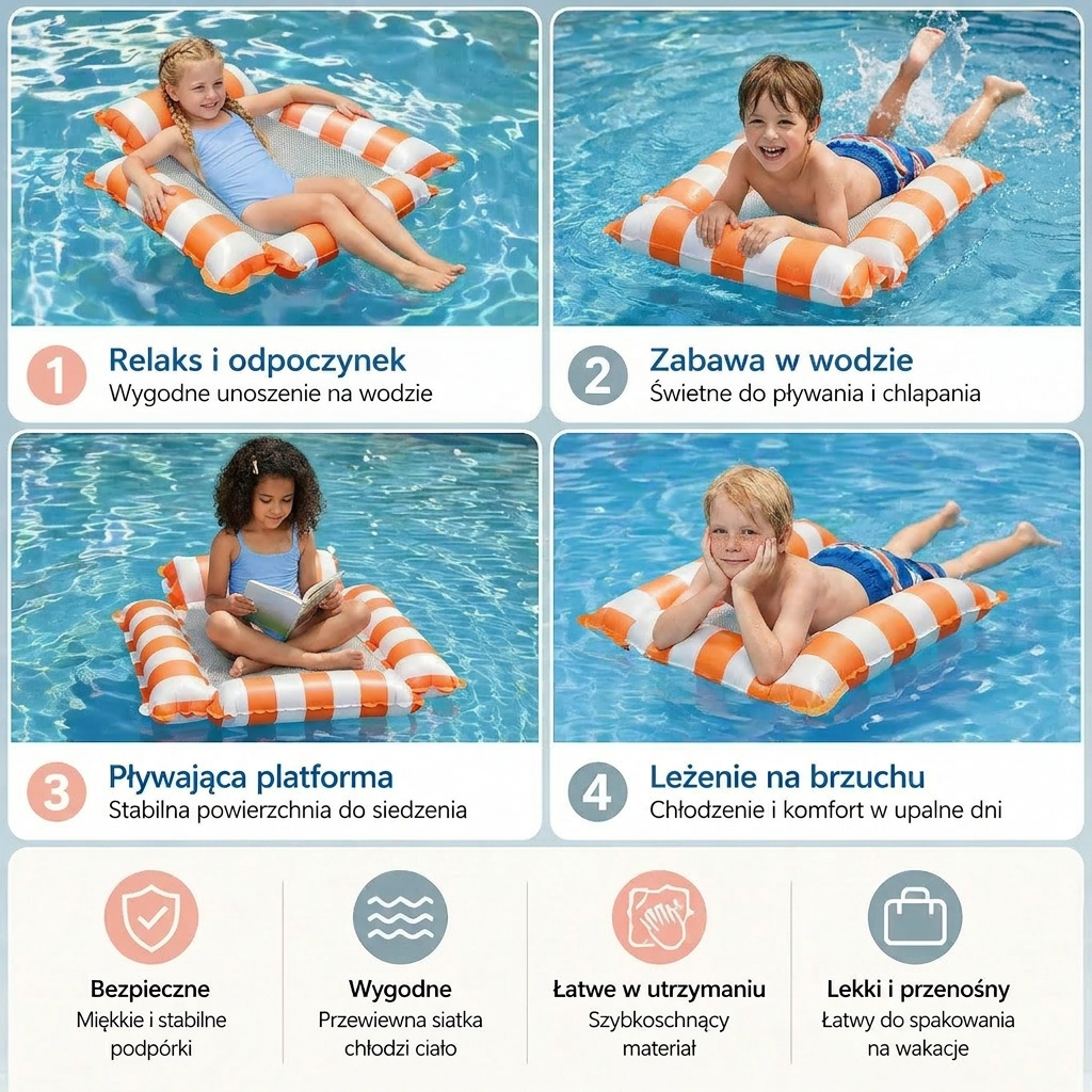 Nadmuchiwane Siedzisko Basenowe dla Dzieci – Wodny Hamak z Siatkową Powierzchnią