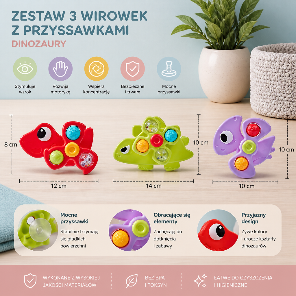 Dinozaur na przyssawce z obrotową zabawką dla niemowląt i małych dzieci