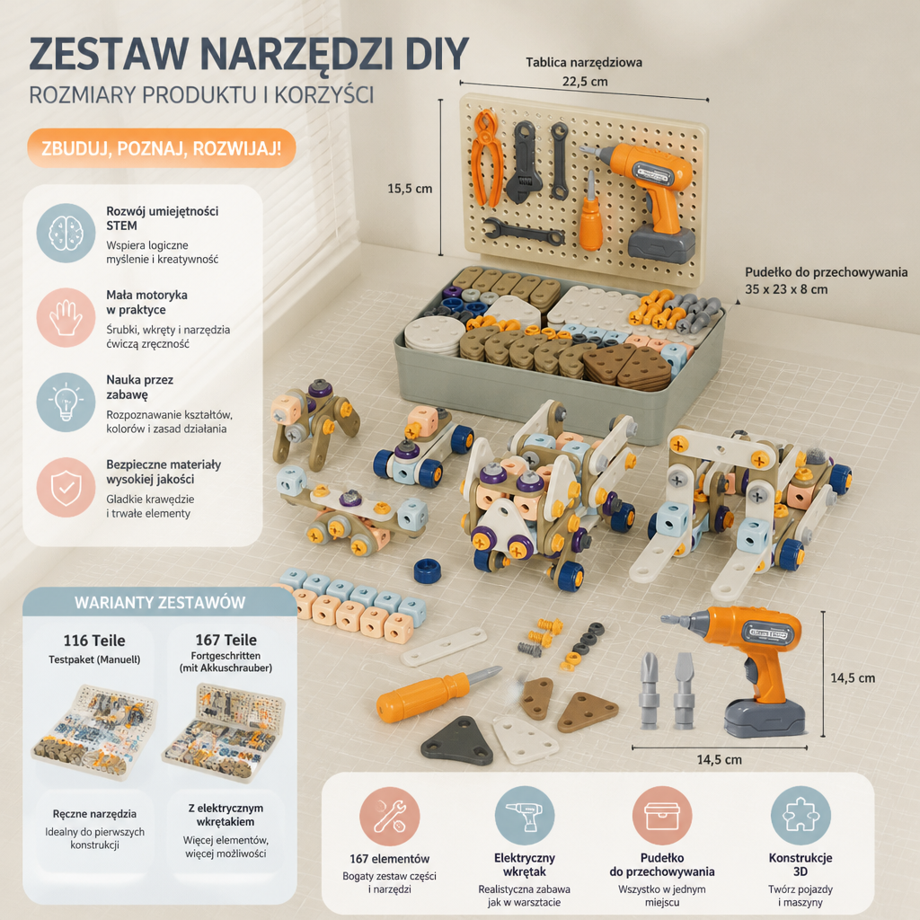 Zestaw narzędzi DIY dla dzieci z elektryczną wiertarką – zestaw konstrukcyjny STEM
