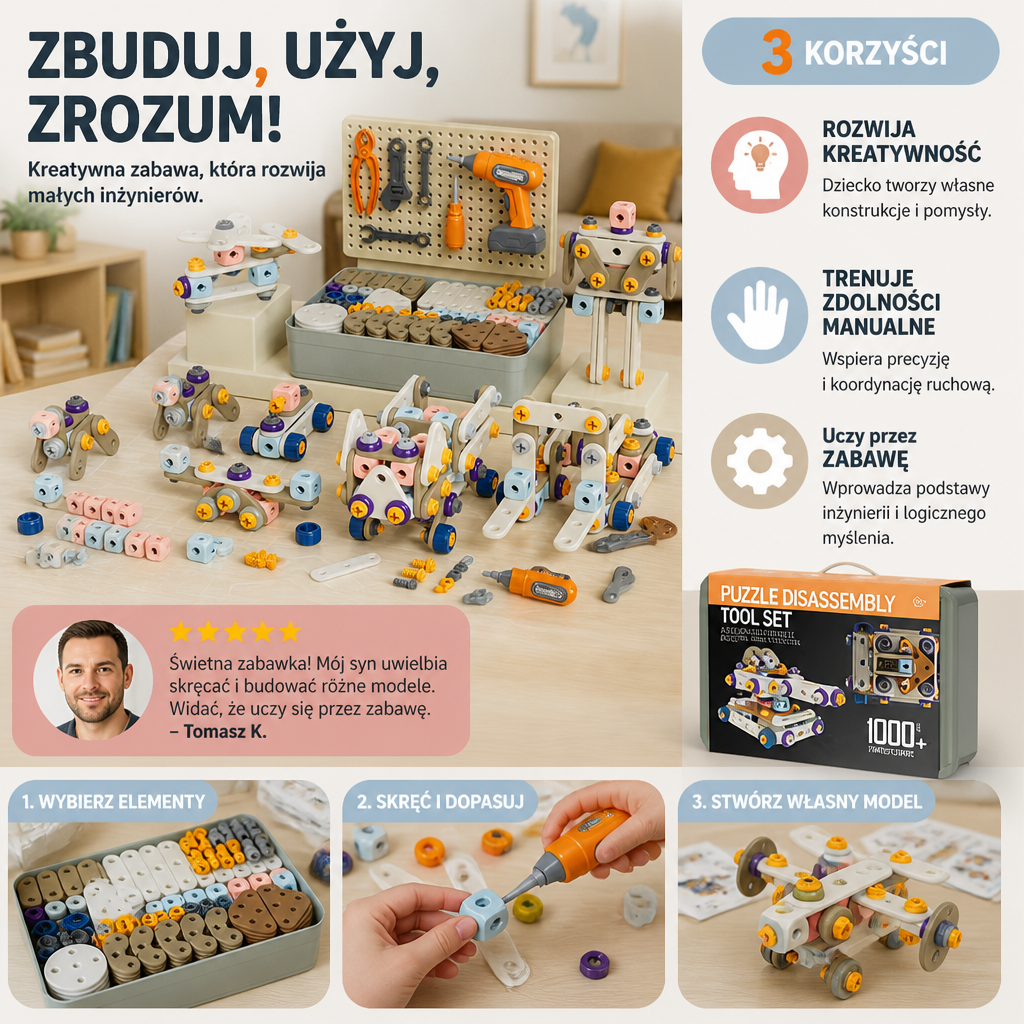 Zestaw narzędzi DIY dla dzieci z elektryczną wiertarką – zestaw konstrukcyjny STEM