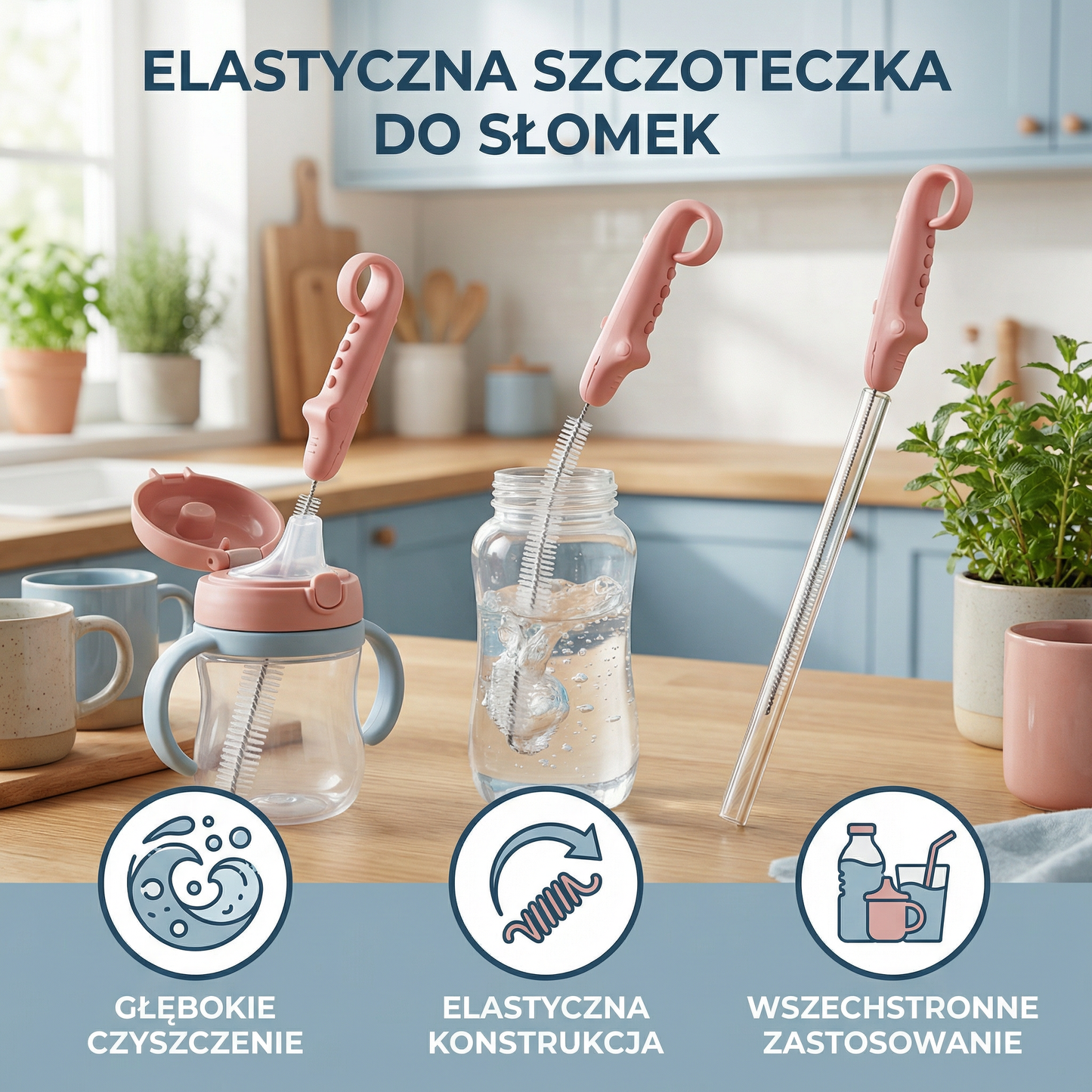 Elastyczna szczoteczka do czyszczenia słomek – Długi czyścik do rur do butelek, smoczków i kubków do picia