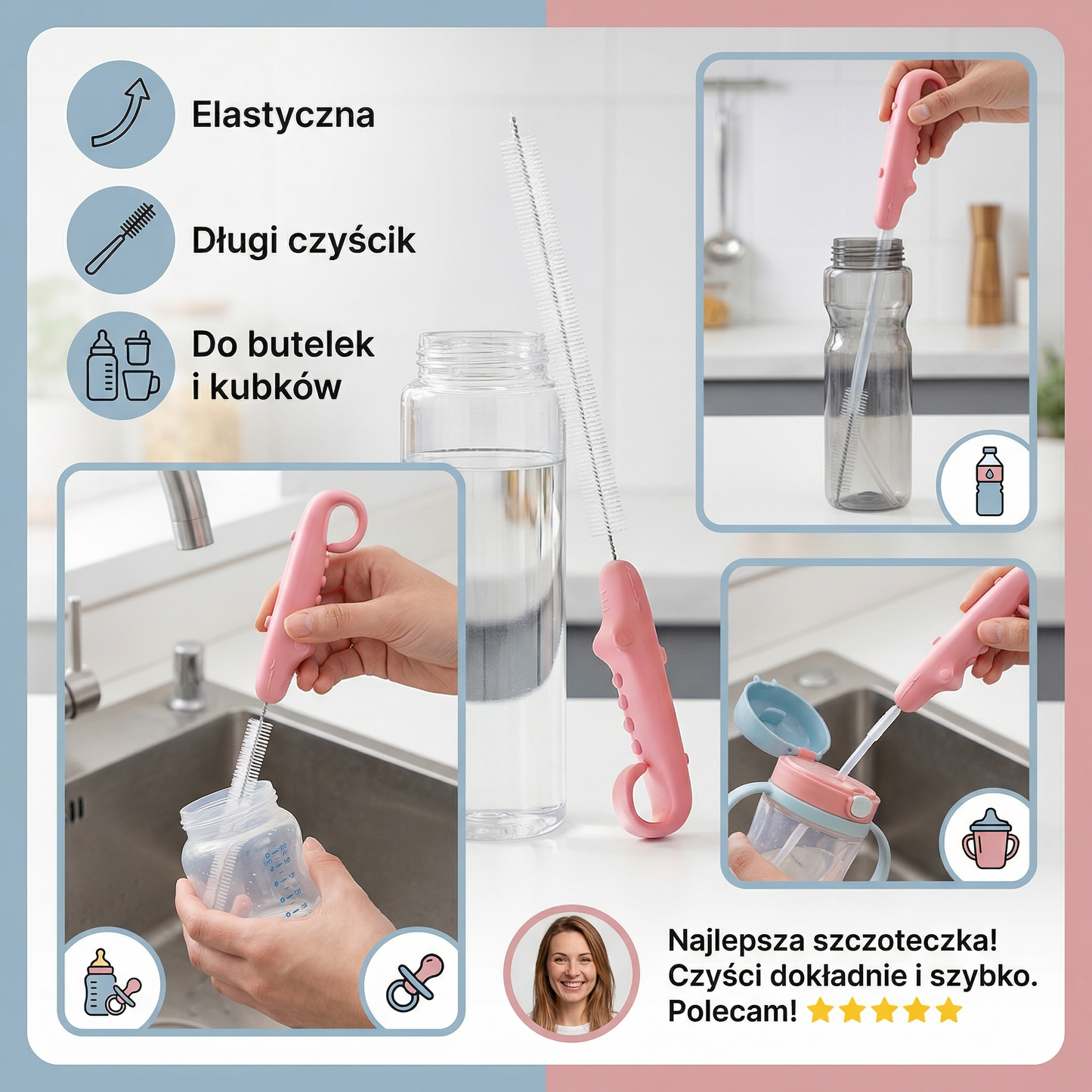 Elastyczna szczoteczka do czyszczenia słomek – Długi czyścik do rur do butelek, smoczków i kubków do picia