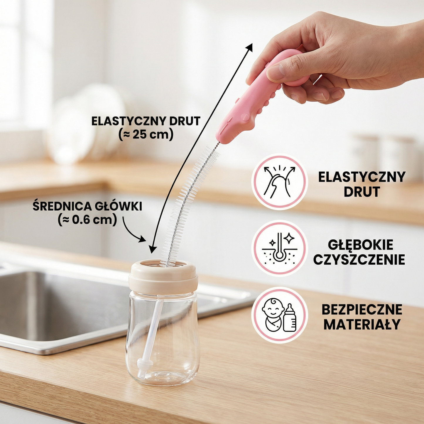 Elastyczna szczoteczka do czyszczenia słomek – Długi czyścik do rur do butelek, smoczków i kubków do picia
