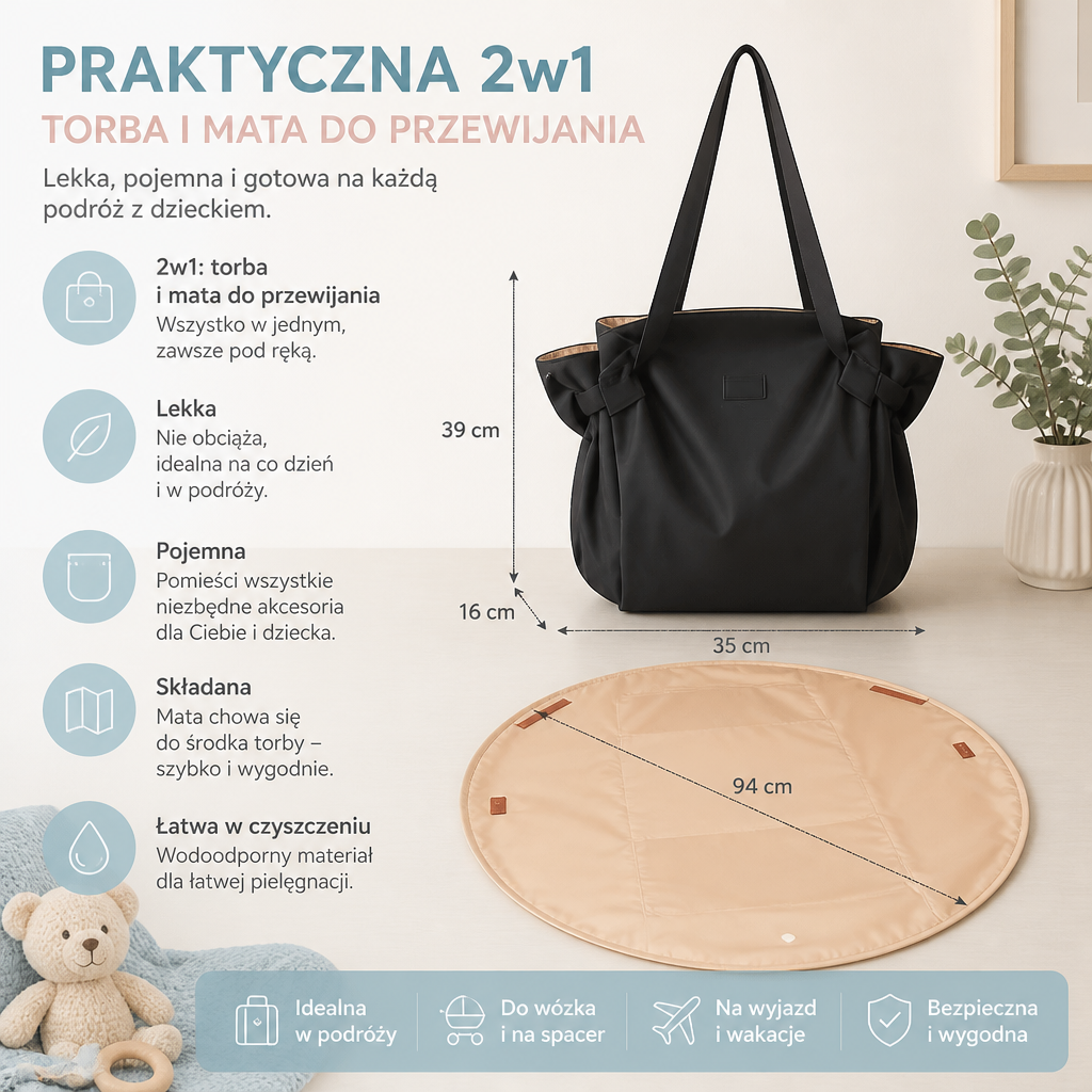Składana torba do przewijania 2 w 1 z matą do przewijania – Lekka i pojemna torba podróżna dla mam