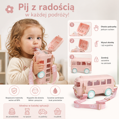 Butelka na wodę dla dzieci w kształcie autobusu ze słomką i regulowanym paskiem