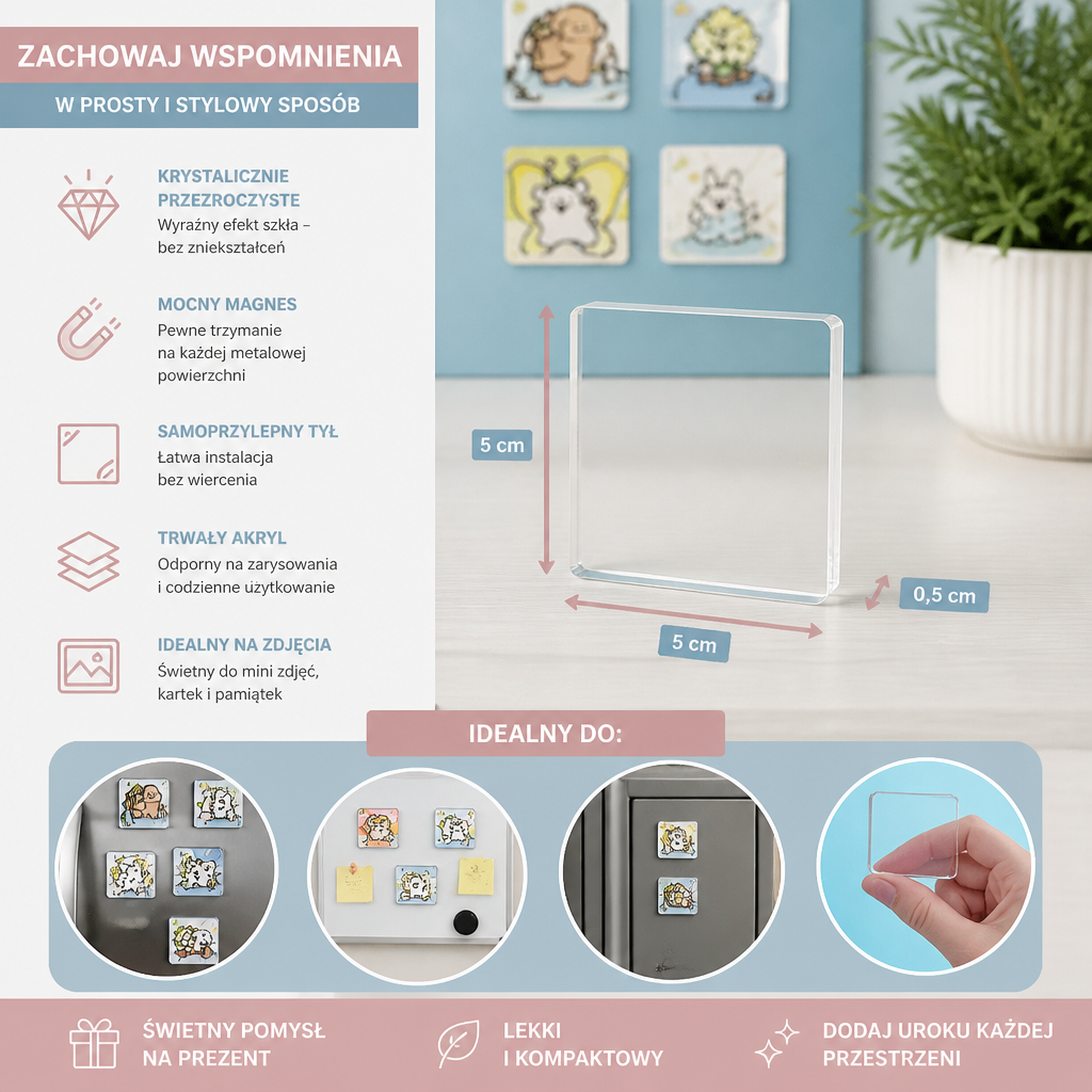Przezroczyste magnetyczne ramki akrylowe na zdjęcia z samoprzylepnym tyłem