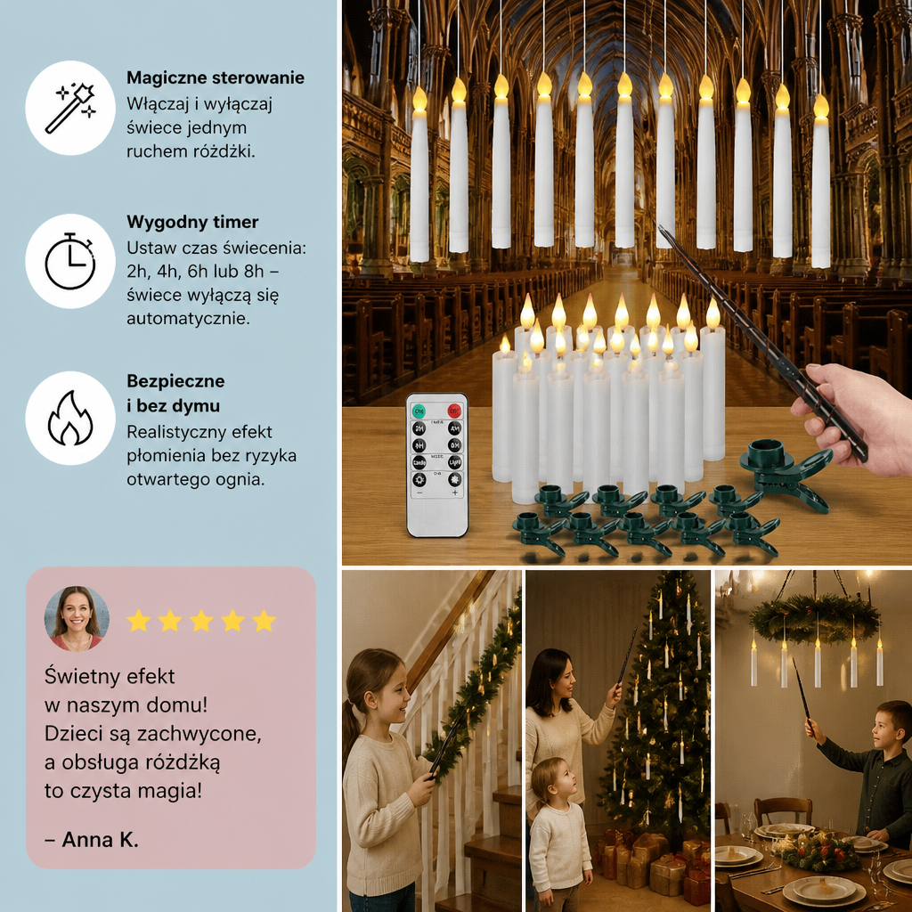Magiczne Świece LED Sterowane Różdżką z Haczykami do Zawieszania