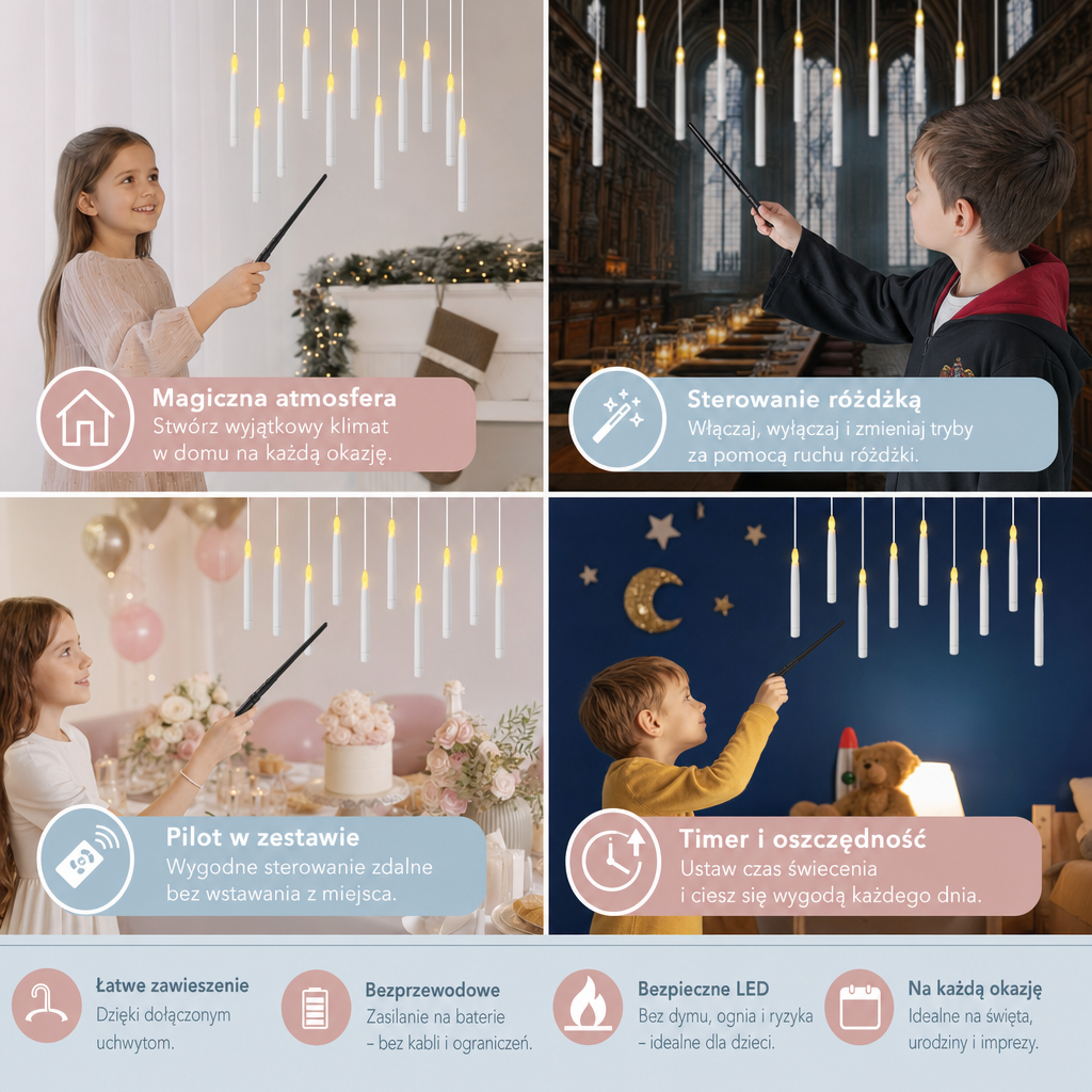 Magiczne Świece LED Sterowane Różdżką z Haczykami do Zawieszania