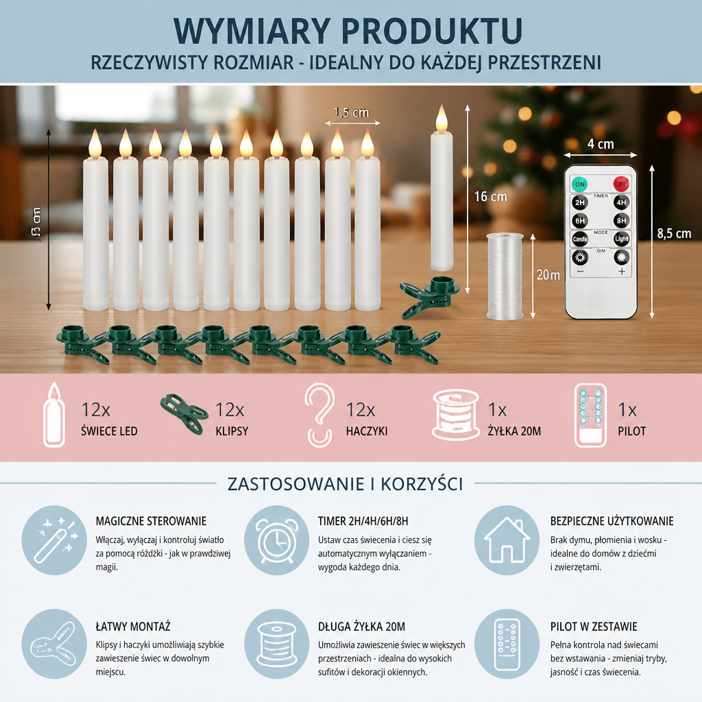 Magiczne Świece LED Sterowane Różdżką z Haczykami do Zawieszania