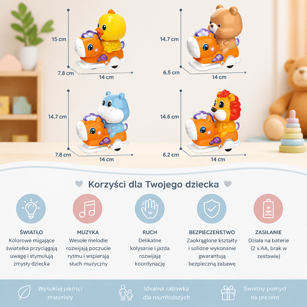 Interaktywna Huśtawka dla Zwierzątek z Muzyką i Światłami