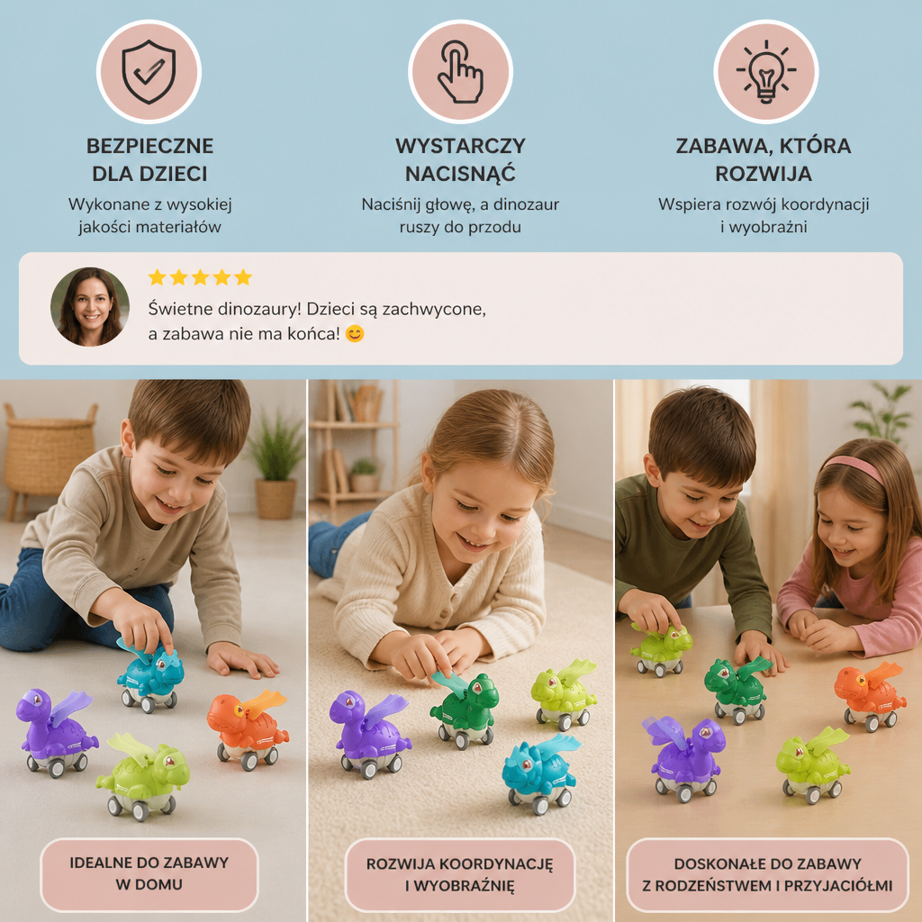 Samochodziki Dino Press & Go – Jeżdżące Zabawki Dinozaury dla Dzieci