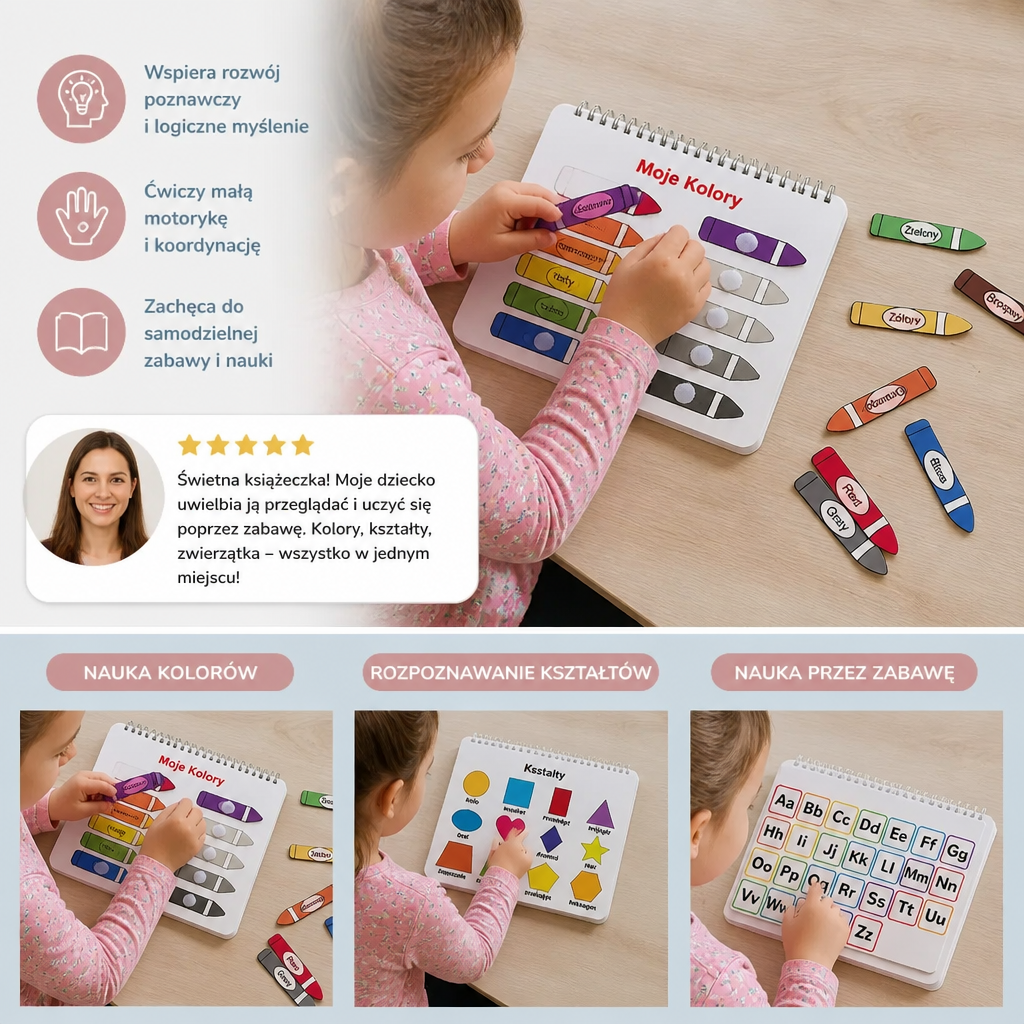 Montessori Busy Book – Wielorazowa Książeczka Edukacyjna z Aktywnościami dla Przedszkolaków
