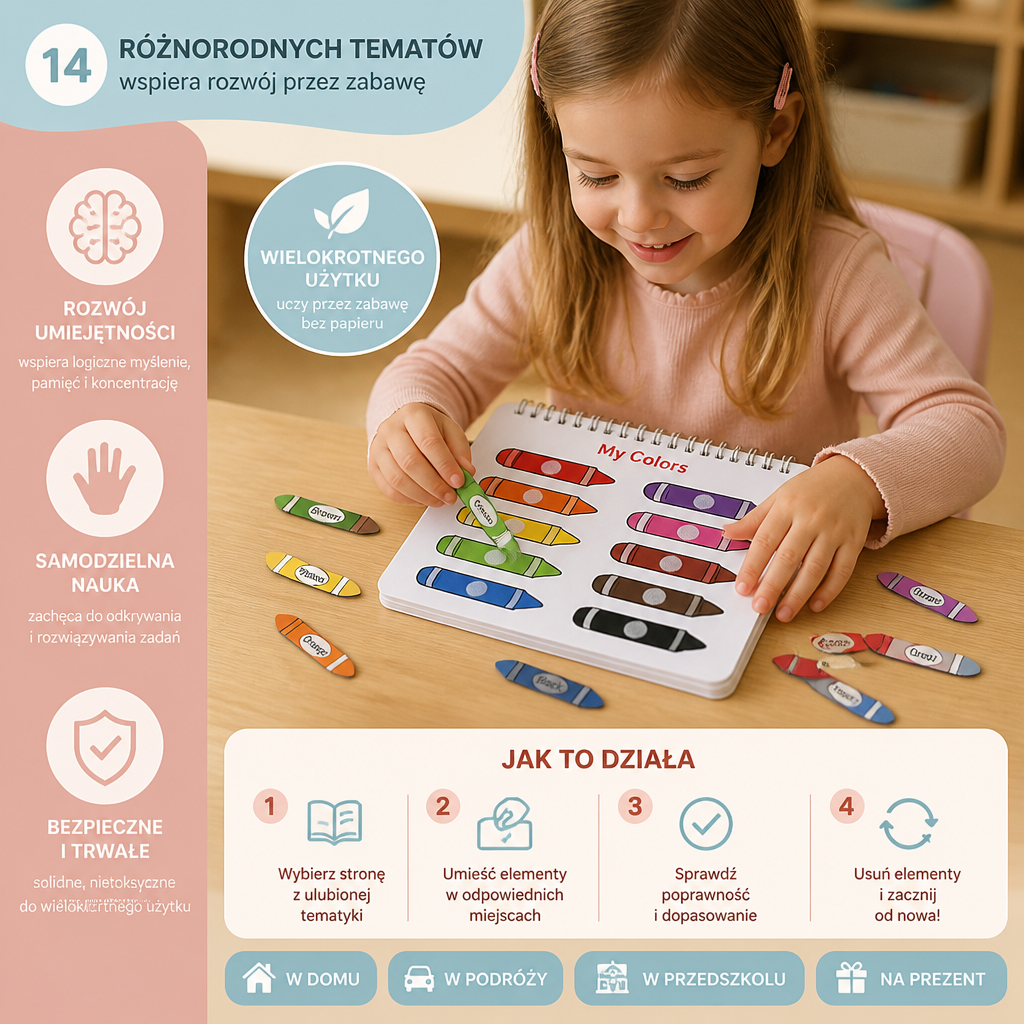 Montessori Busy Book – Wielorazowa Książeczka Edukacyjna z Aktywnościami dla Przedszkolaków