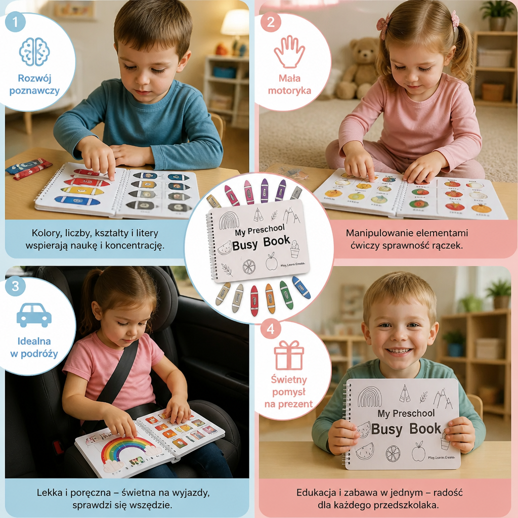 Montessori Busy Book – Wielorazowa Książeczka Edukacyjna z Aktywnościami dla Przedszkolaków
