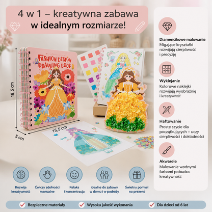 Zestaw artystyczny 4 w 1 dla dzieci – diamentowe malowanie, wyklejanie, haftowanie i akwarele z motywem wróżki księżniczki
