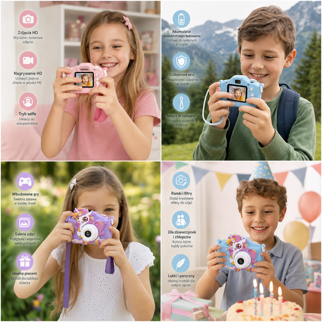 Ładowany aparat cyfrowy dla dzieci z trybem selfie, nagrywaniem HD i silikonowym etui