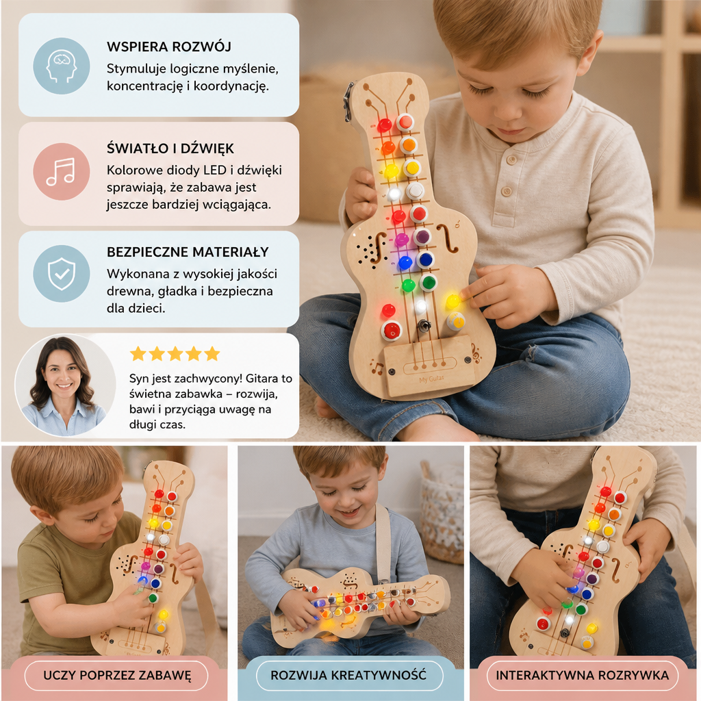 Drewniana Gitara Busy Board ze Światłem i Dźwiękiem