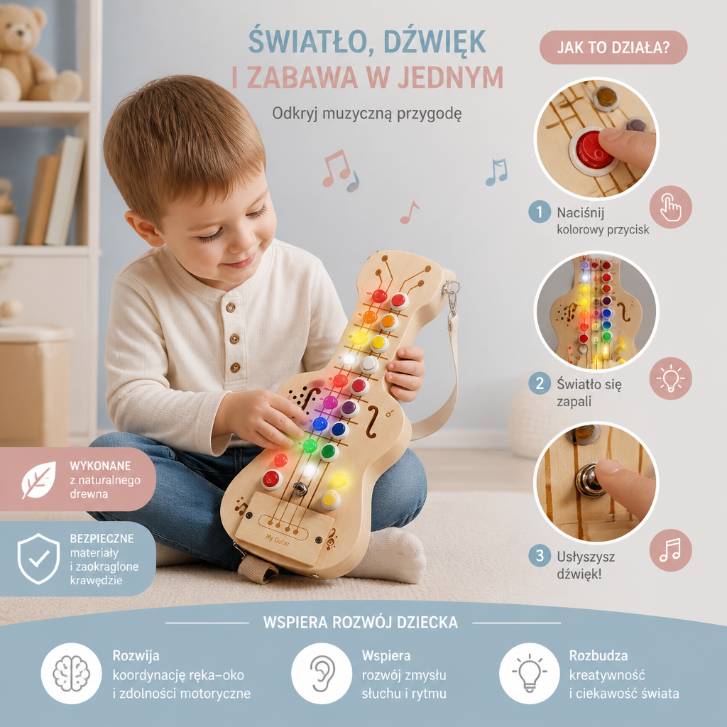 Drewniana Gitara Busy Board ze Światłem i Dźwiękiem