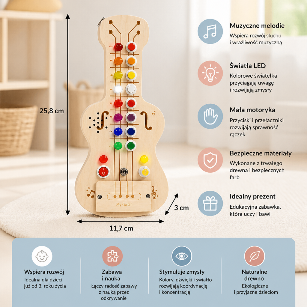 Drewniana Gitara Busy Board ze Światłem i Dźwiękiem