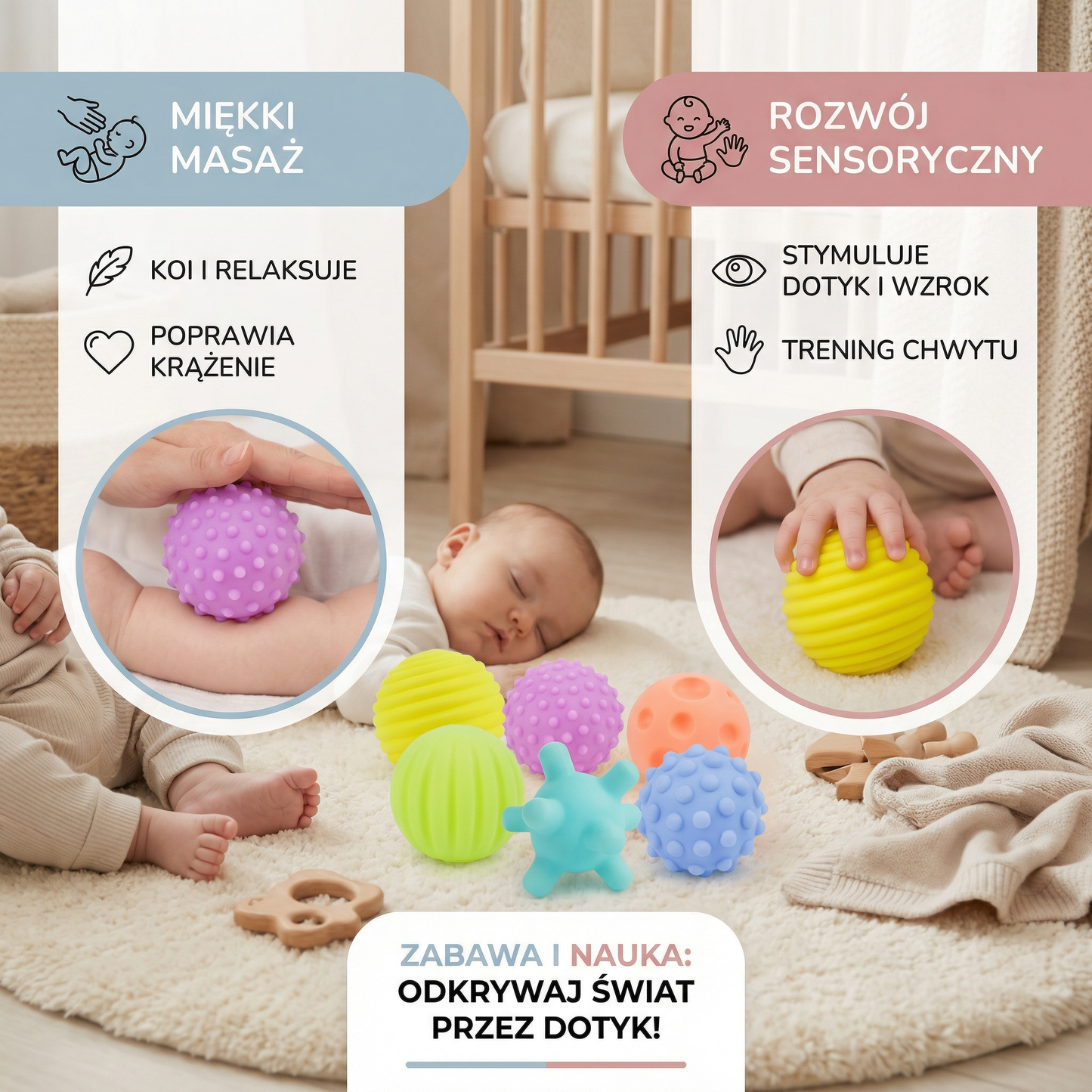 Zestaw 6 piłek sensorycznych – miękkie piłki dotykowe i do masażu dla niemowląt i dzieci