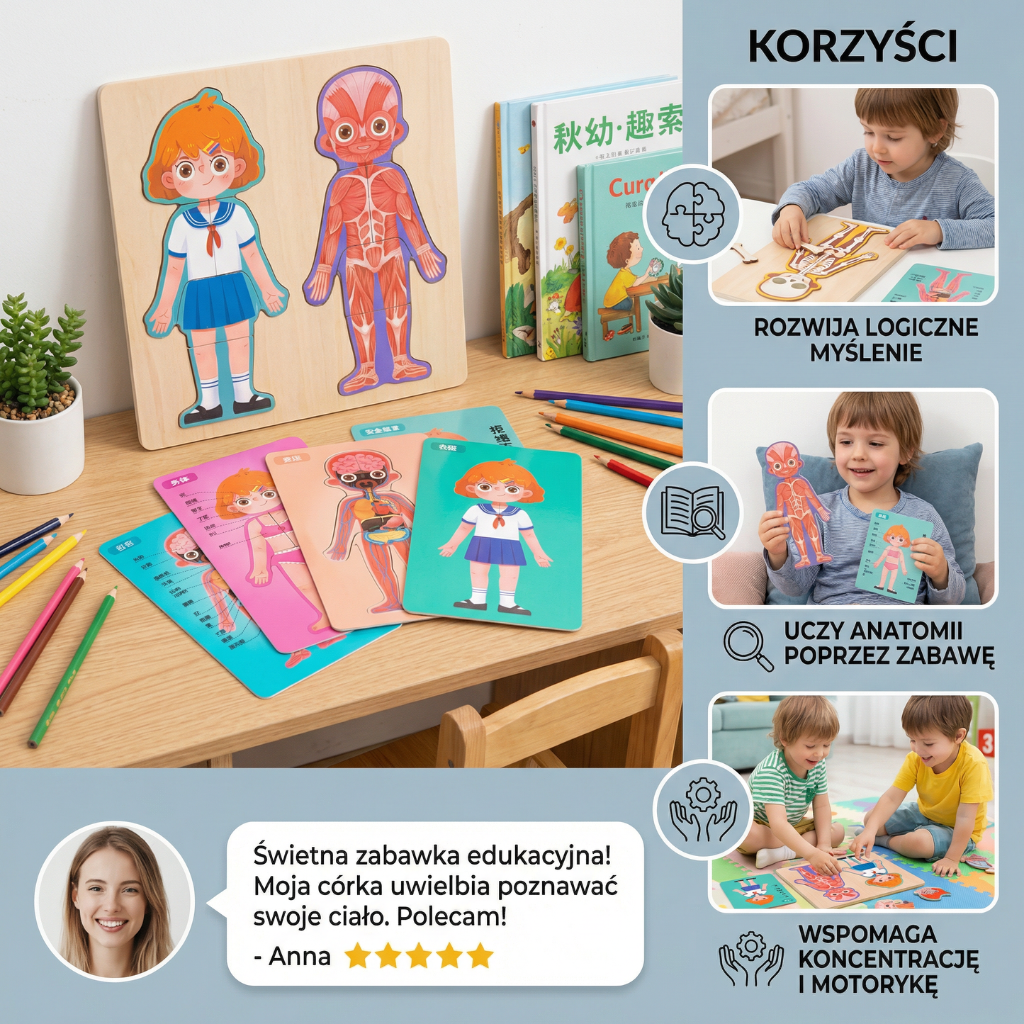 Drewniana układanka ciała człowieka dla dzieci – nauka anatomii poprzez zabawę
