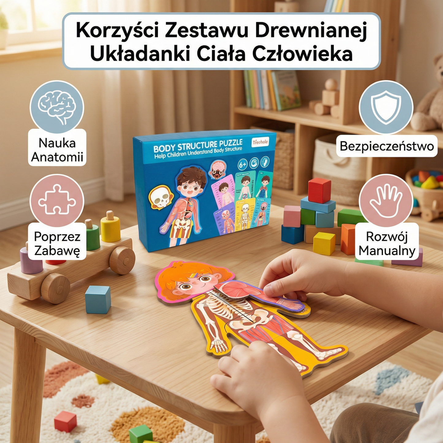 Drewniana układanka ciała człowieka dla dzieci – nauka anatomii poprzez zabawę