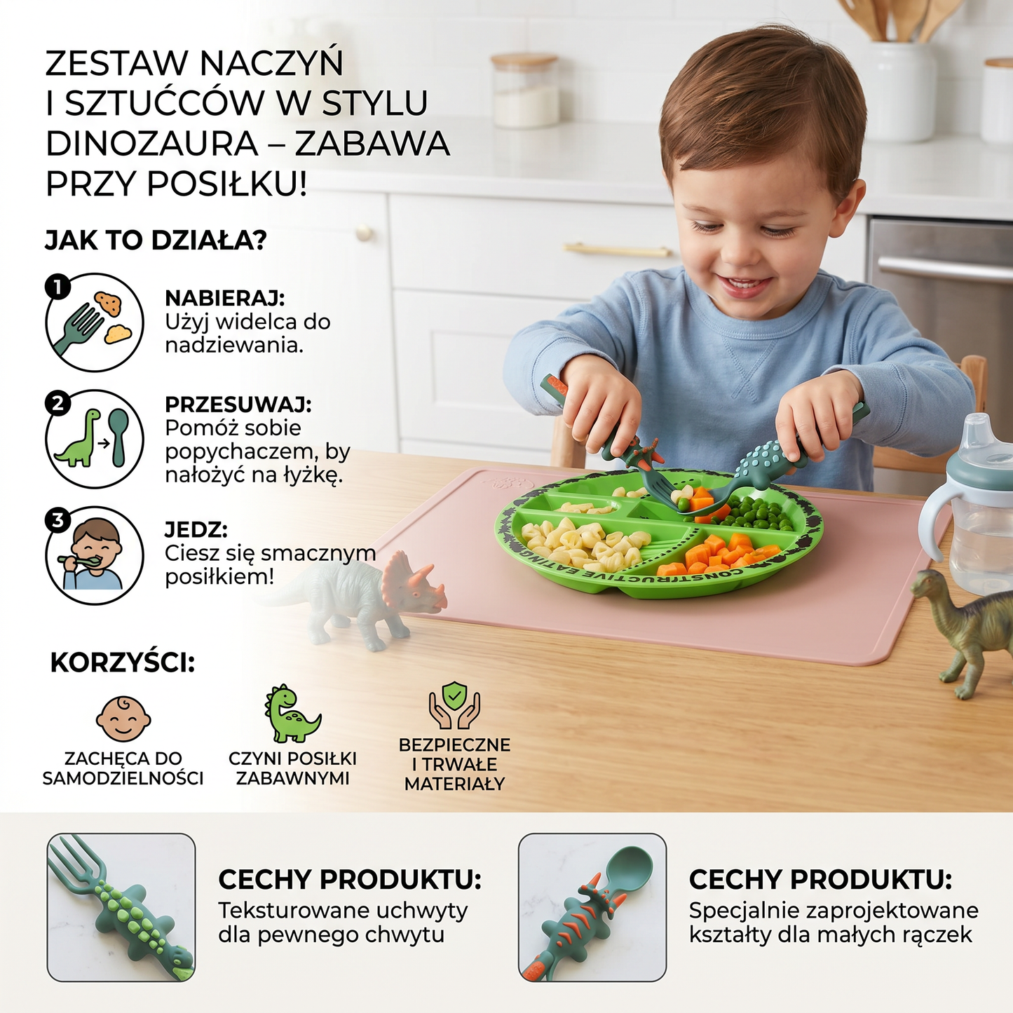 Zestaw naczyń i sztućców w stylu dinozaura