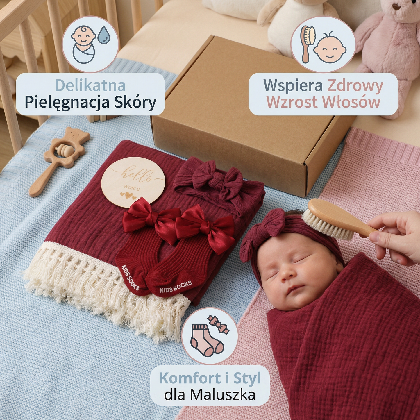 Pudełko prezentowe do pielęgnacji niemowlęcia – ręcznik, skarpetki lub opaska na włosy oraz szczotka do kąpieli dla noworodka