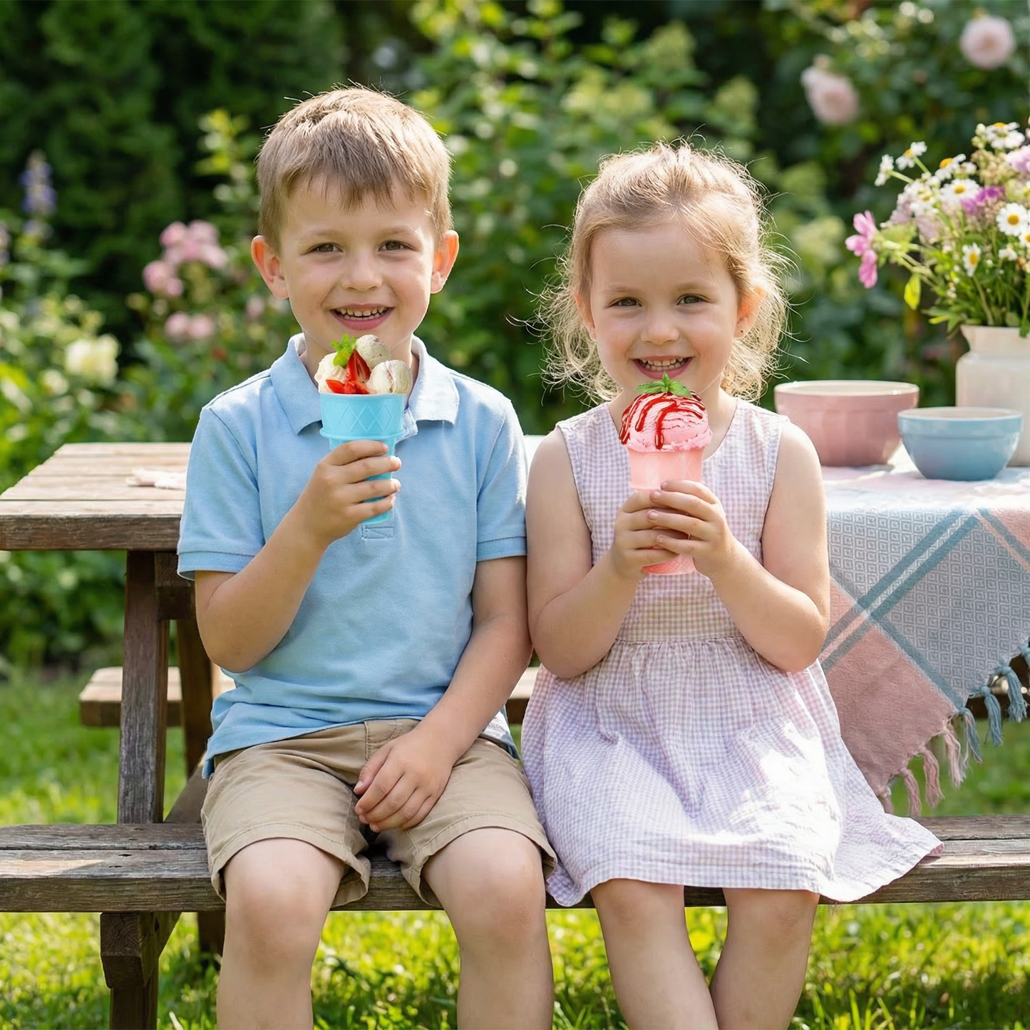 Zestaw 2 sztuk – Eisbecher w kształcie wafla – Uchwyt na lody bez bałaganu dla dzieci