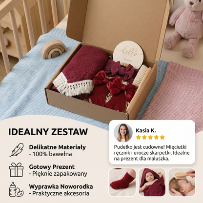 Pudełko prezentowe do pielęgnacji niemowlęcia – ręcznik, skarpetki lub opaska na włosy oraz szczotka do kąpieli dla noworodka