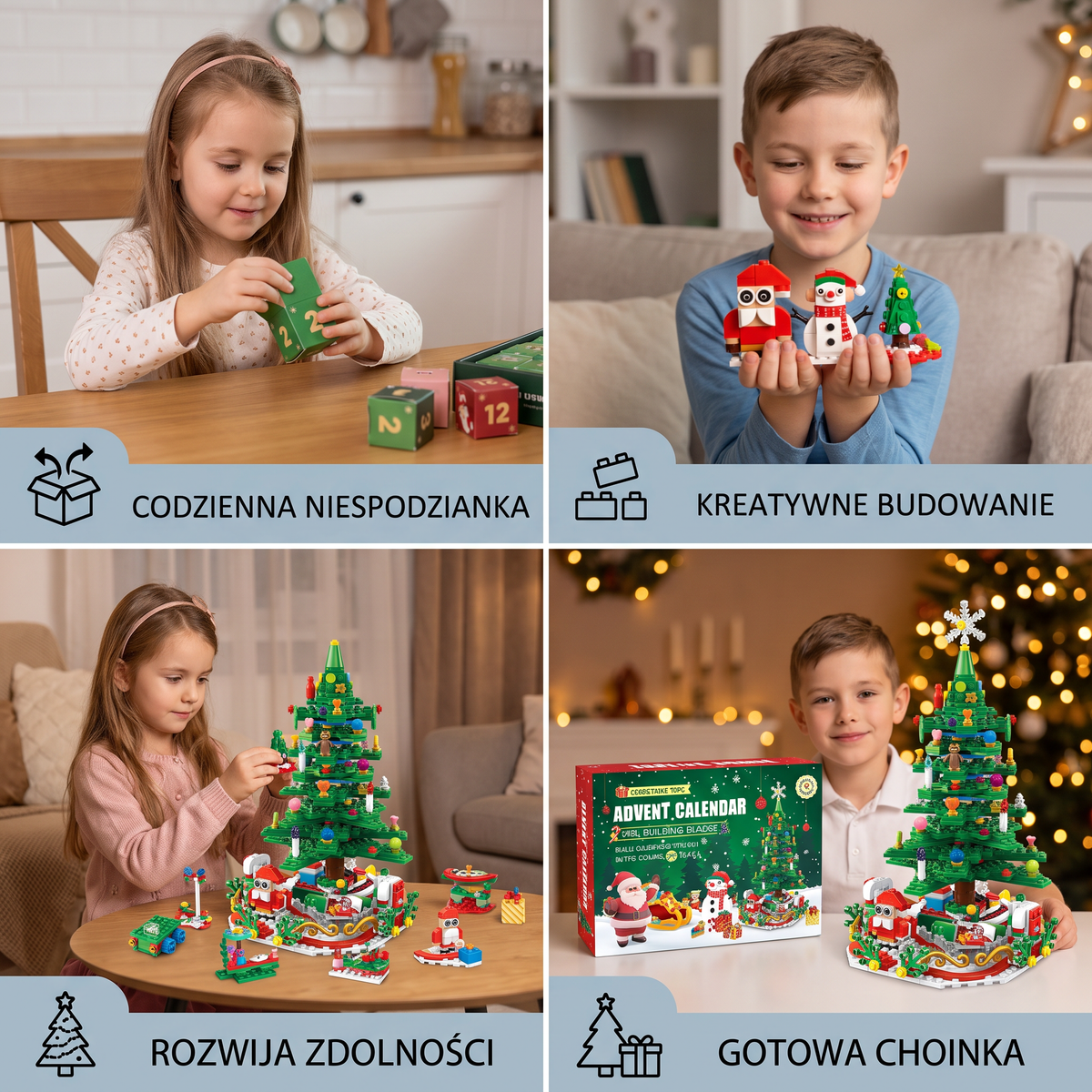 Kalendarz adwentowy z klockami w kształcie choinki dla dzieci