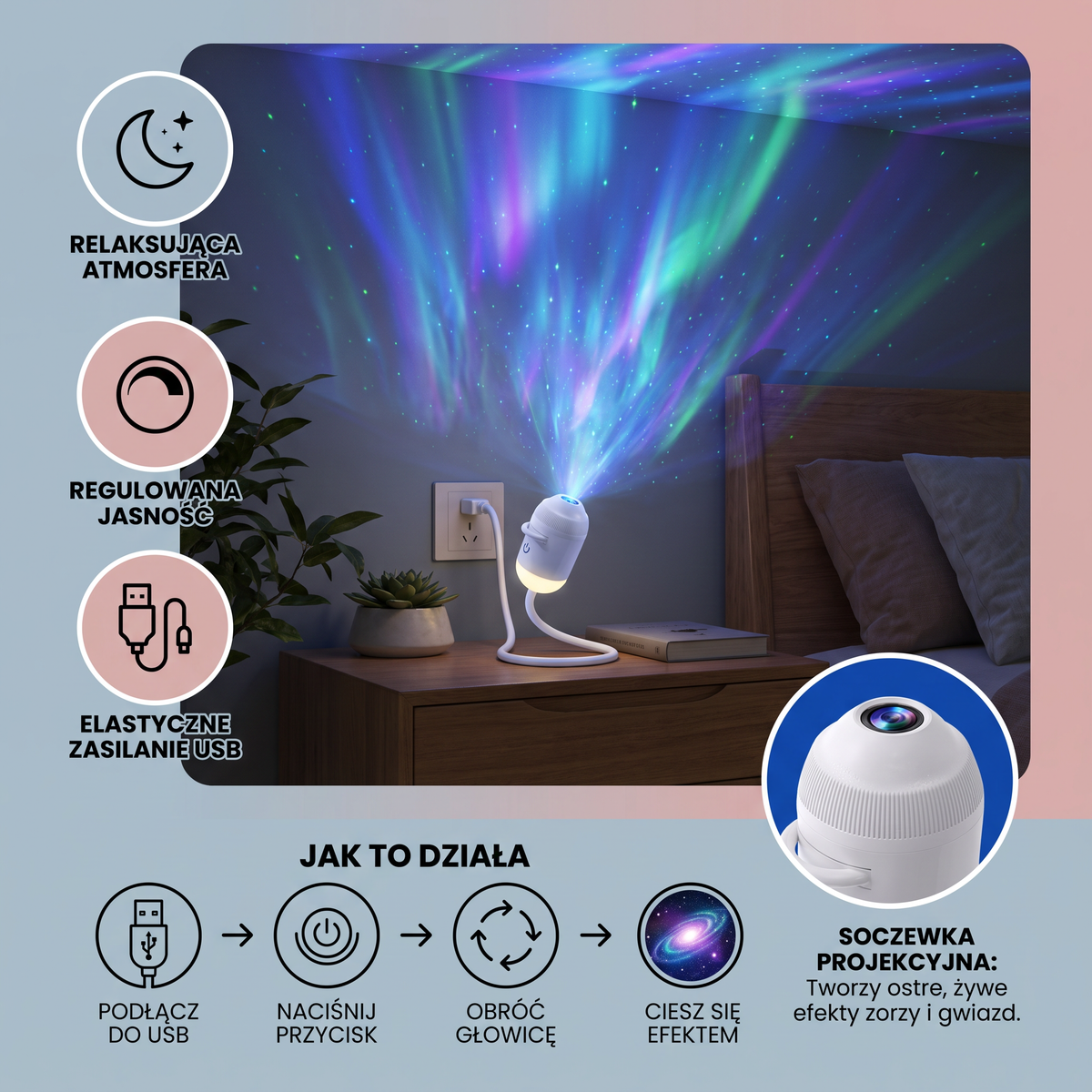 NightSky Ściemnialny Projektor Galaktyki USB z Efektami Gwiazd i Zorzy Polarnej