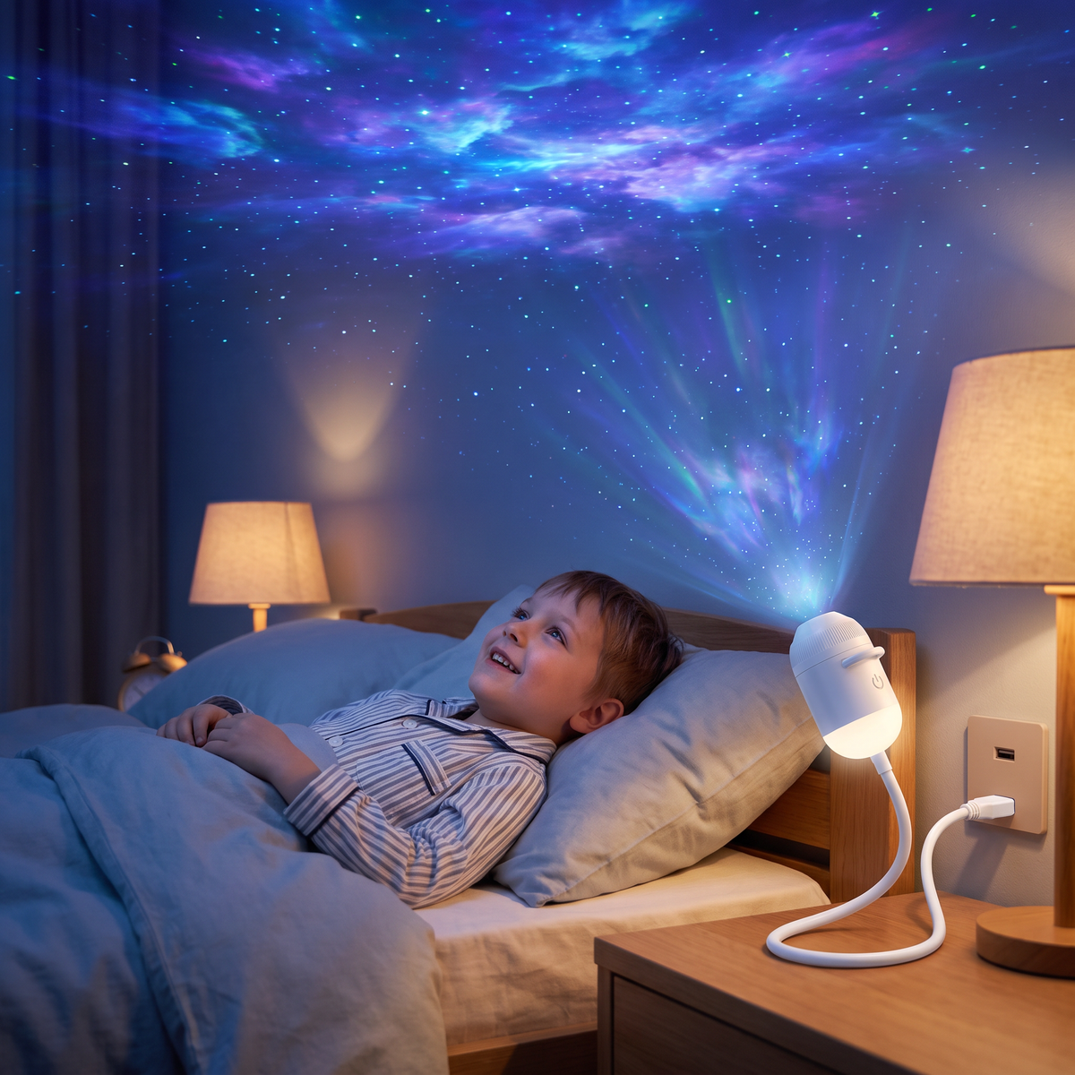 NightSky Ściemnialny Projektor Galaktyki USB z Efektami Gwiazd i Zorzy Polarnej