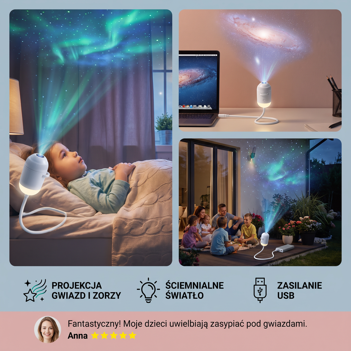 NightSky Ściemnialny Projektor Galaktyki USB z Efektami Gwiazd i Zorzy Polarnej