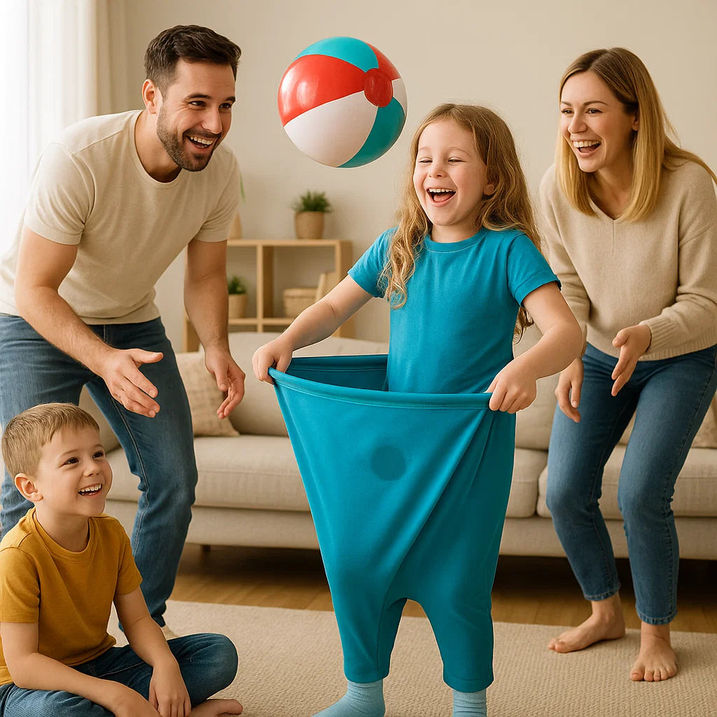 Gra rodzinna w łapanie piłek w spodniach klauna