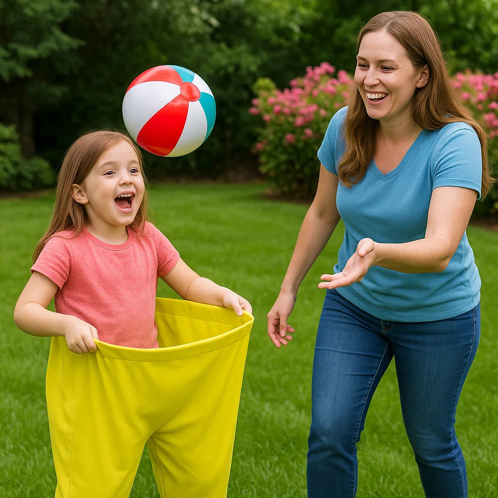 Gra rodzinna w łapanie piłek w spodniach klauna