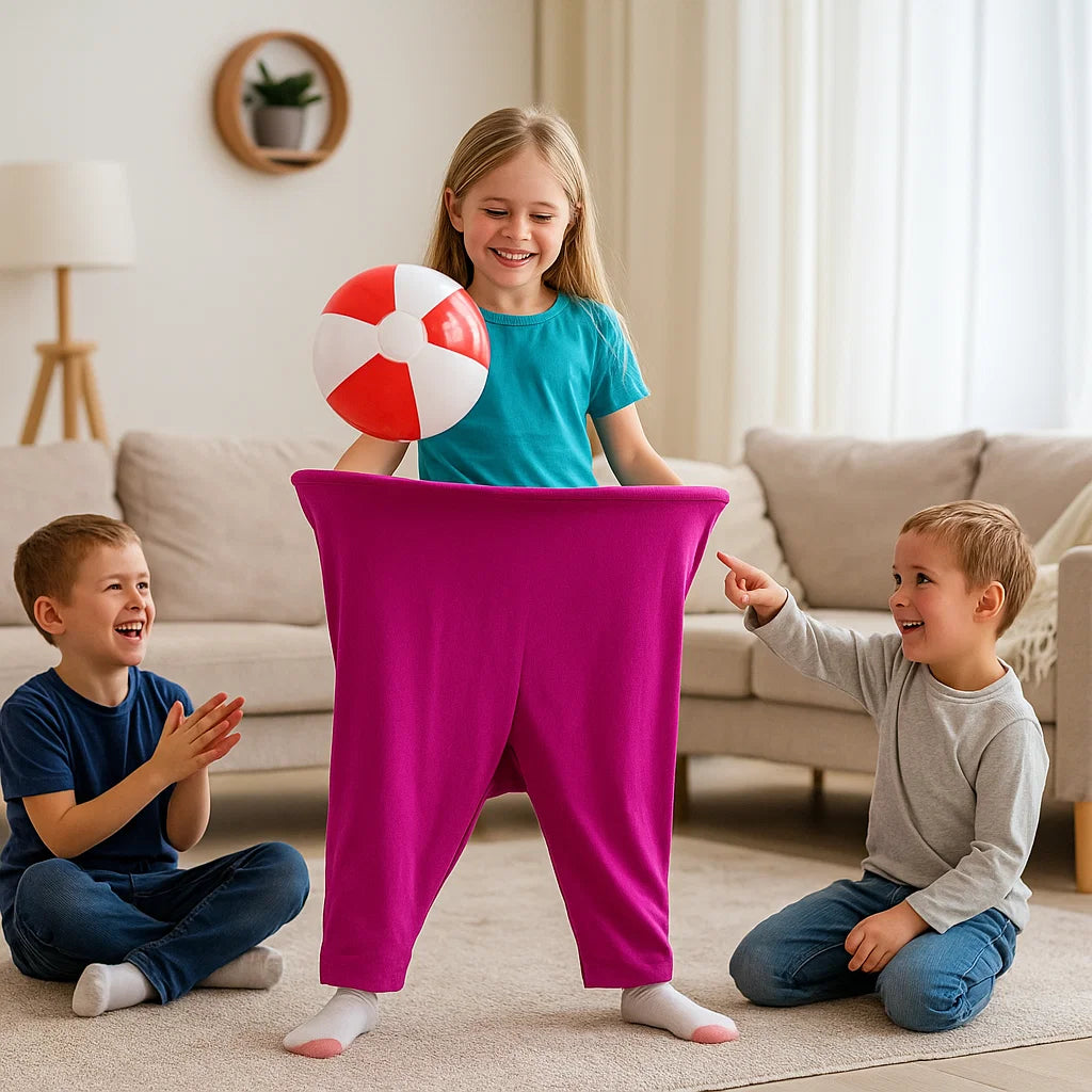 Gra rodzinna w łapanie piłek w spodniach klauna