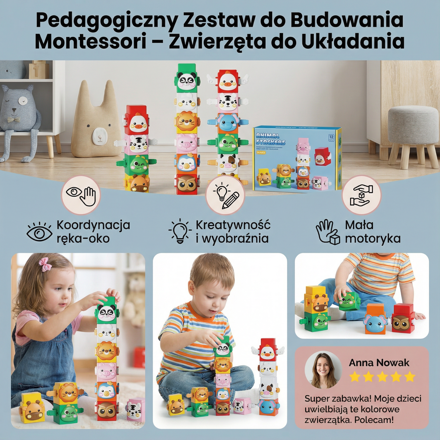 Pedagogiczny Zestaw do Budowania Montessori – Zwierzęta do Układania