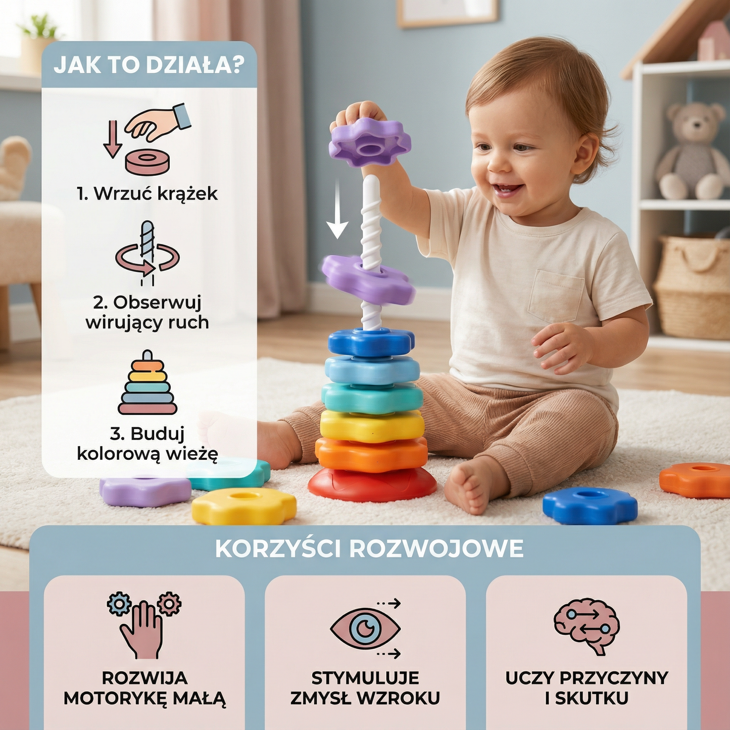 Zabawka tęczowa wieża obrotowa i kolorowa