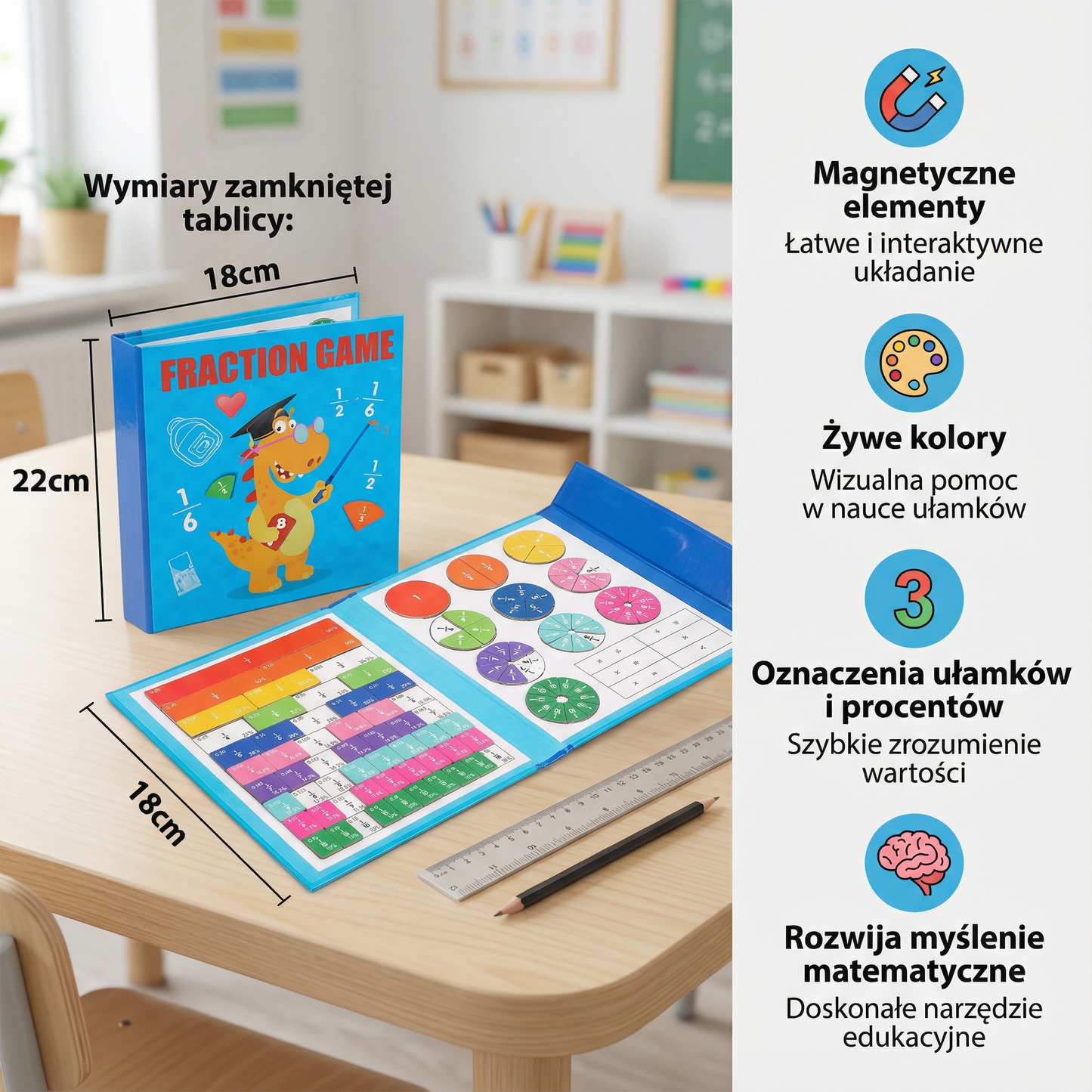 Magnetyczna tablica do nauki ułamków dla dzieci | Kolorowe narzędzie matematyczne do zrozumienia ułamków i działań