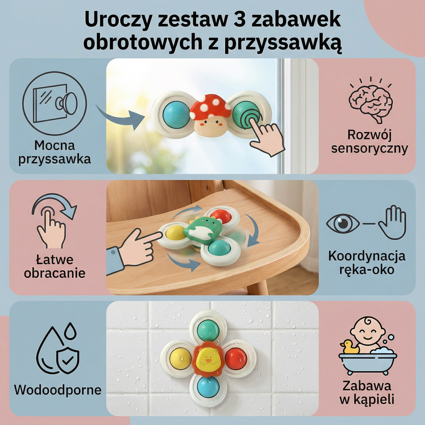 Uroczy zestaw 3 zabawek obrotowych z przyssawką dla niemowląt