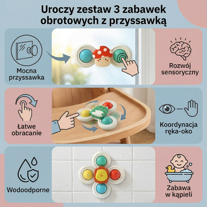 Uroczy zestaw 3 zabawek obrotowych z przyssawką dla niemowląt