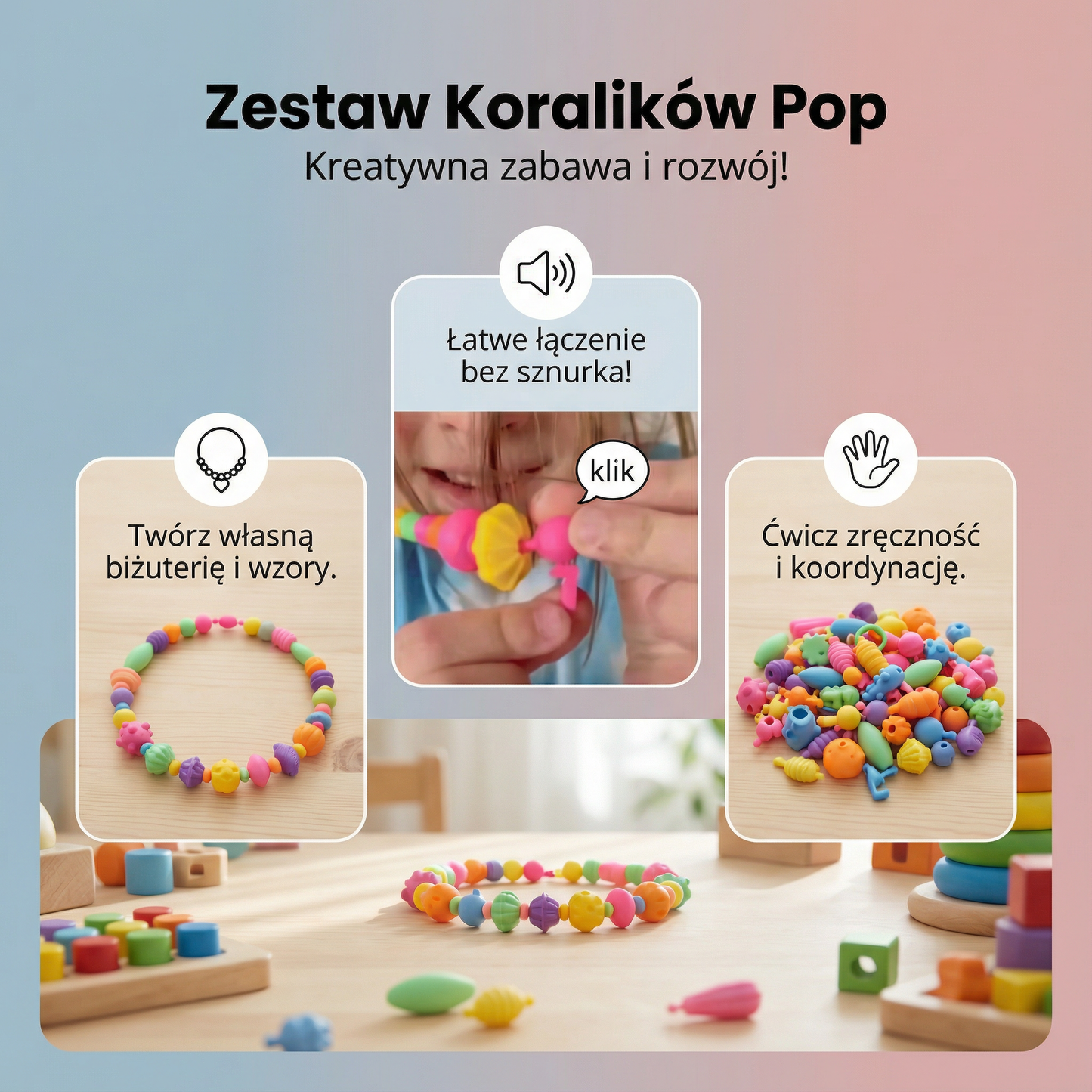 Zestaw koralików pop dla dzieci | Kolorowy zestaw biżuterii DIY do kreatywnej zabawy i rozwoju umiejętności motorycznych